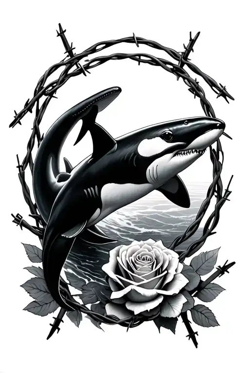 Shark And Killer Whale Swimming Around Barbed Wire Rose
