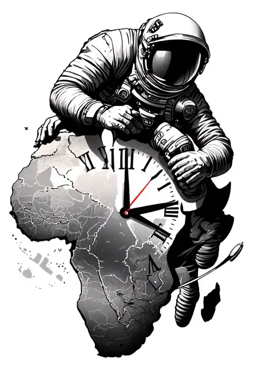 Clock Face With Africa Map On The Face And A Astronaut Trying To Hold On To The Clock
