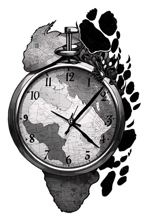 Clock Face With Africa Map On The Face And One Set Of Cat Paw Prints In It