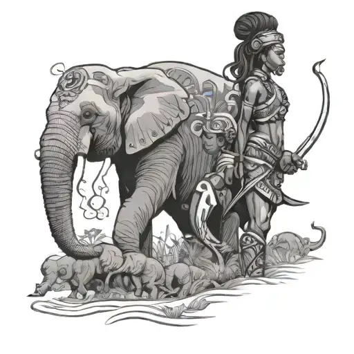 African Female Warriors In African Landscape With Elephant