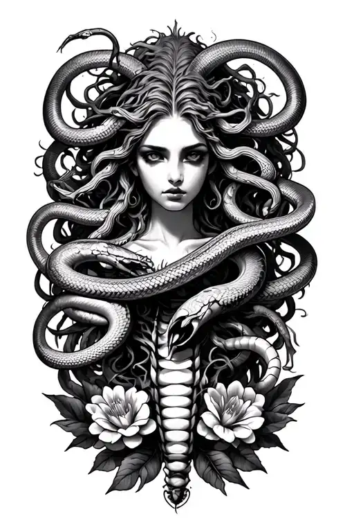 Medusa With Snakes Wrapping Around A Scorpio With Flowers