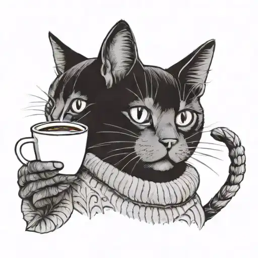 A Cat In A Sweater With A Cup Of Coffee