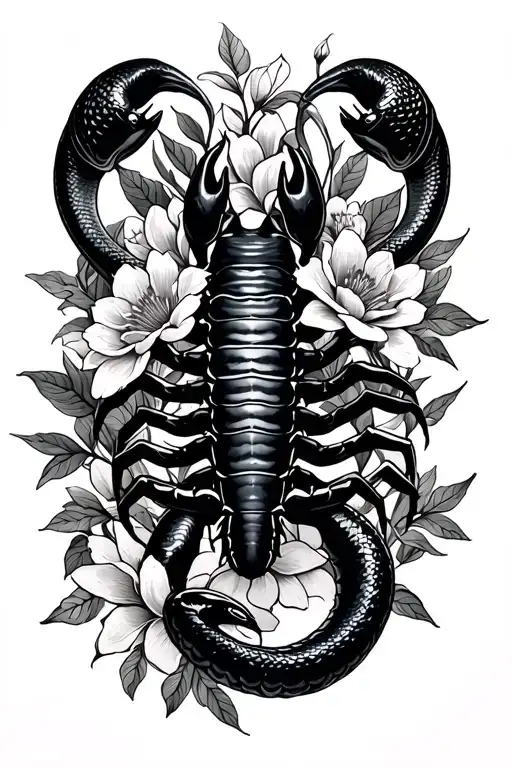 Scorpio With Snakes Wrapping Around And Flowers