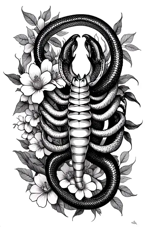 Scorpio With Snakes Wrapping Around And Flowers Intertwined