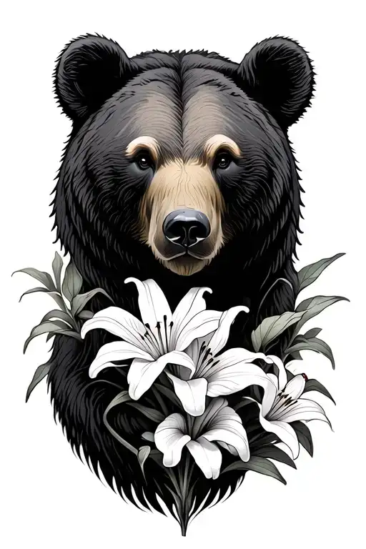 Bear And Lilies Outline