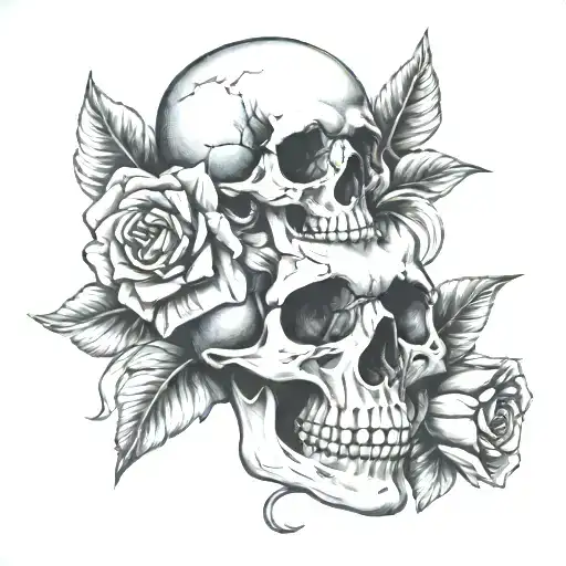 One Skull With On Rose And Two Daffodil Flowers