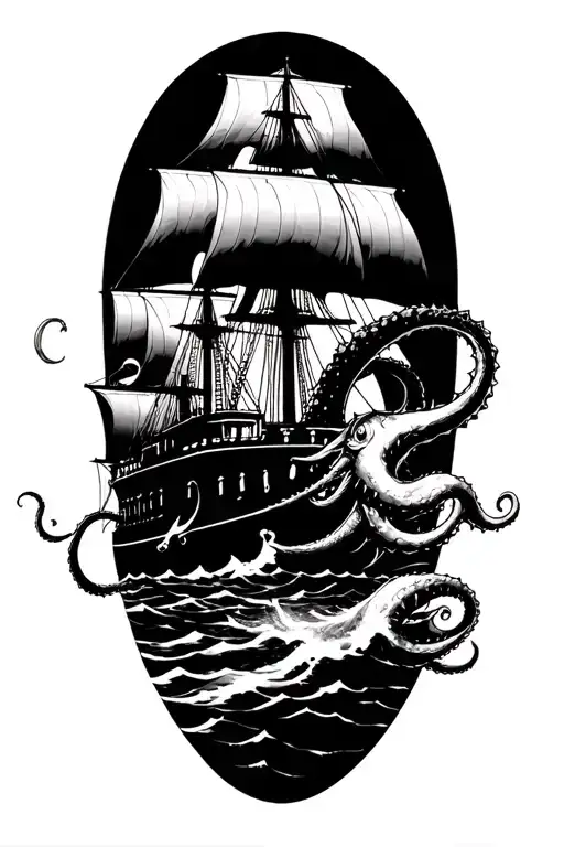 Kraken Attacking Ship Sailing Through A Sea