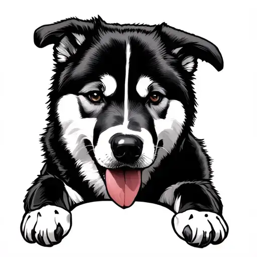 Black And White Akita Inu Tattoo Connected On The Paws On The Side Of A Man