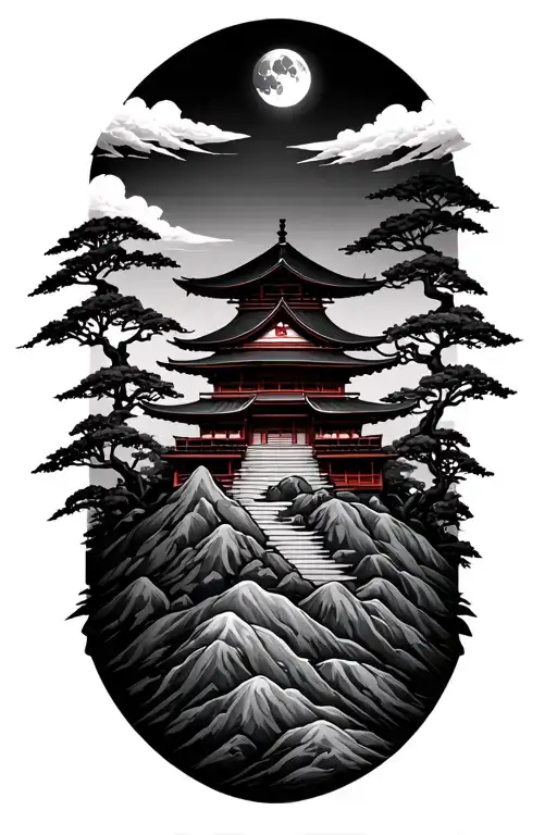Japanese Temple On A Mountain Range With A Small Moon In The Background