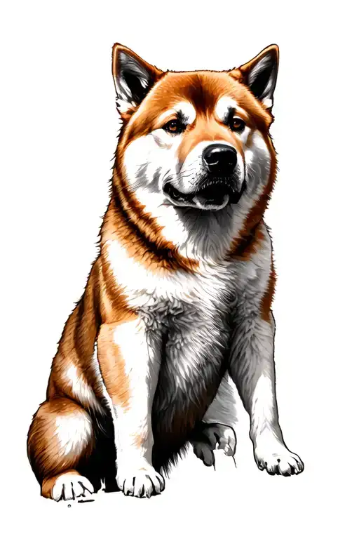 Black And White Tattoo Of A Ginger Akita Inu Standing On Its Paws On The Side Of A Man's Neck