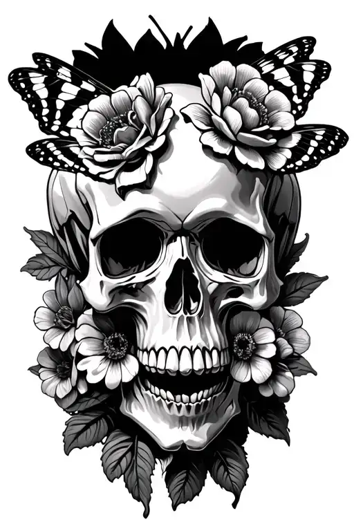 Moth And Flowers With A Skull