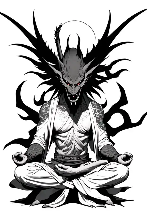 Samourai In Meditation With His Black Shadow Demon Standing