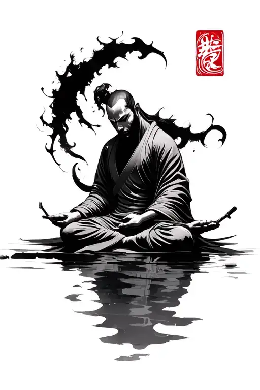 Samourai In Meditation With His Black Shadow