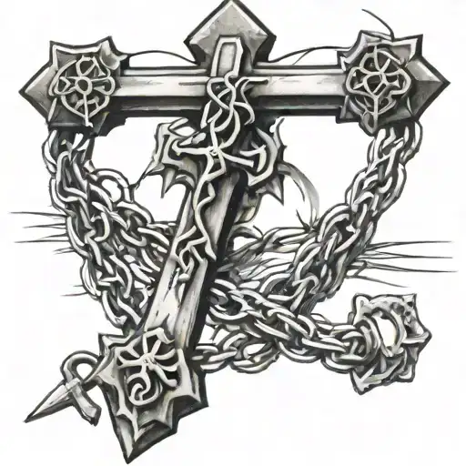 Cross With Barbed Wire And A Rosary