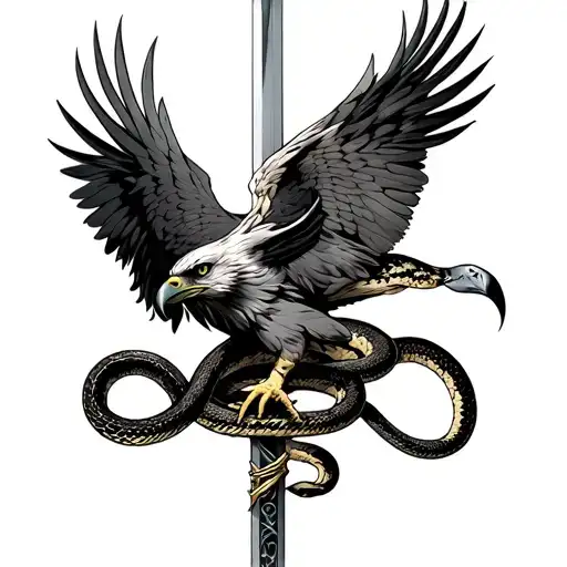 Hawk Fighting A Snake Wrapped Around Sword