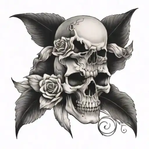 Half A Skull With Two Daffodil Flowers And A Rose Growing