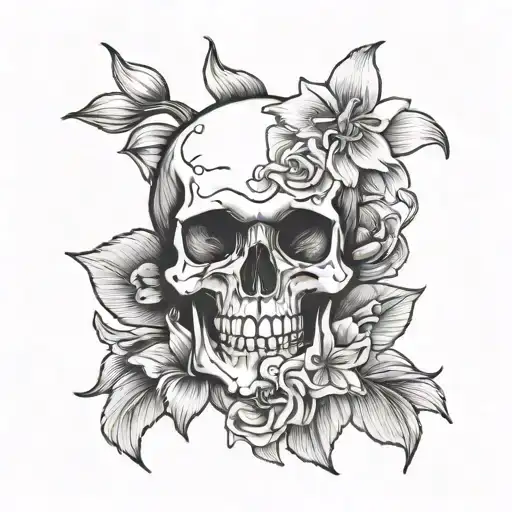 A Feminine Half A Skull With Two Daffodil Flowers And A Rose Growing