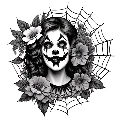 Floral Wed And Spider Web With Crying Clown Woman
