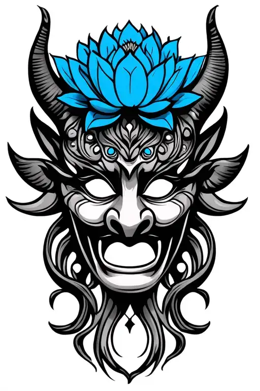 Sri Lankan Devil Mask With Blue Lotus Flowers Intertwined