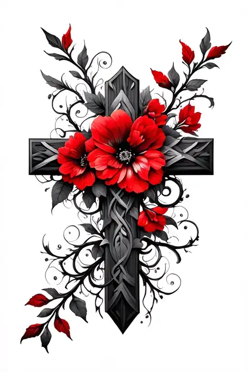 Cross With Vines And Red Flowers