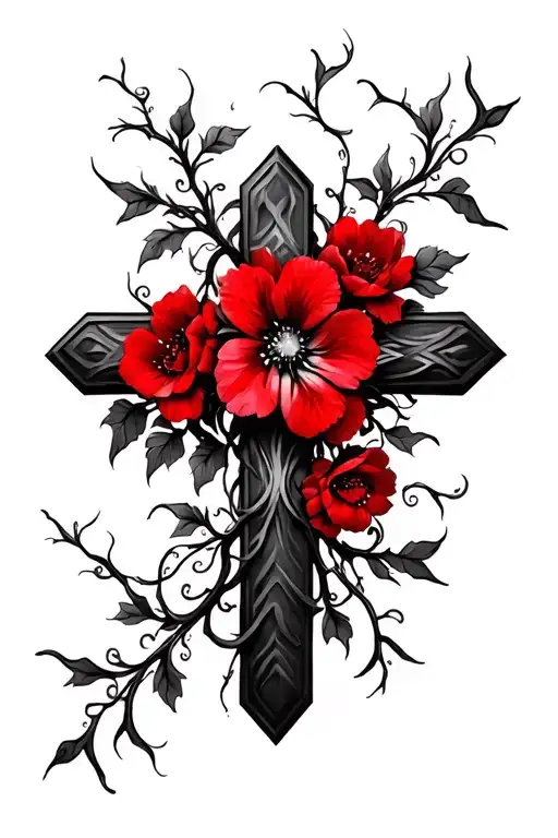 Cross With Vines And Red Flowers