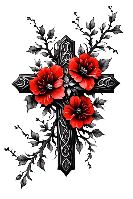 Cross With Vines And Red Flowers