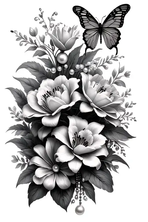 Lily And Peonie Flowers And Greenery With Small 3D Butterfly And Stand Of Pearls Intertwined