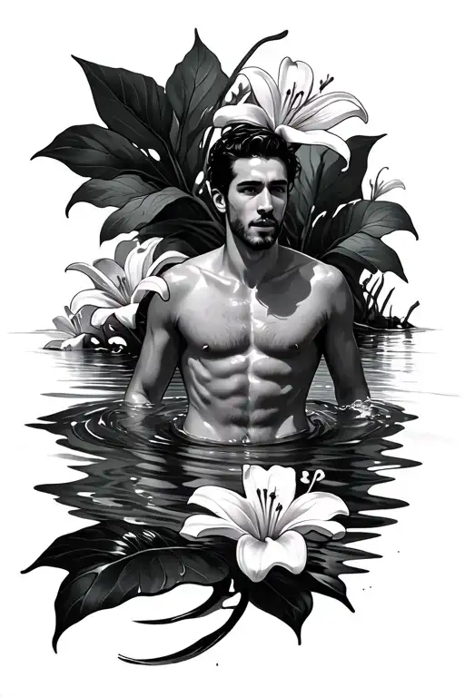 Man Swimming In Water Surrounded By Lilly Flowers
