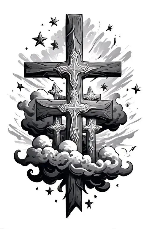 Three Crosses With Clouds And Stars Forming