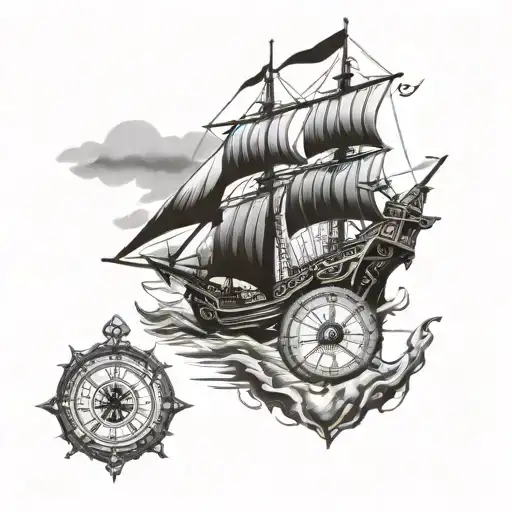 Caravel On The High Seas And Compass With Clock
