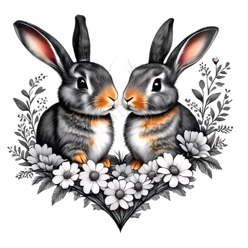 2 Bunnies In Flowers In The Heart