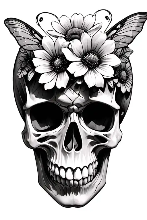 Moth Making A Skull With Flowers