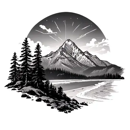 Colorado Mountain Scene With Trees On One Side And Beach Scene With Palm Trees On The Other Side