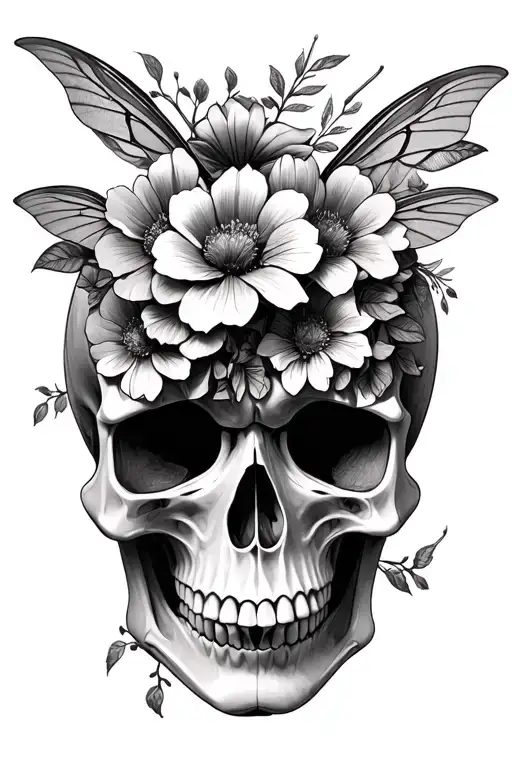 Moth Making A Skull With Flowers