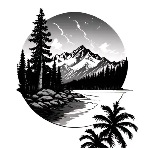 Colorado Mountain Scene With Trees On One Side And Beach Scene With Palm Trees On The Other Side