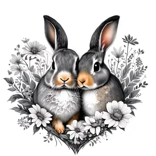 2 Bunnies In Flowers In The Heart