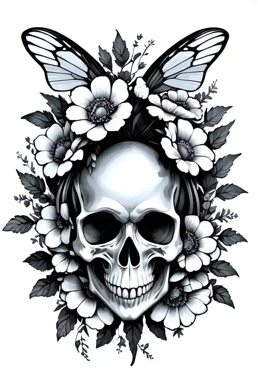 Moth Skull Inside With Flowers Around