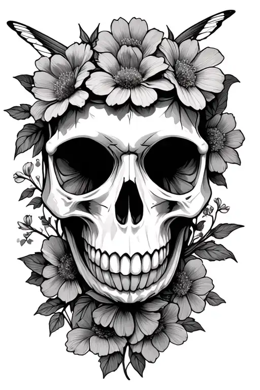 Moth Skull Inside With Flowers Around