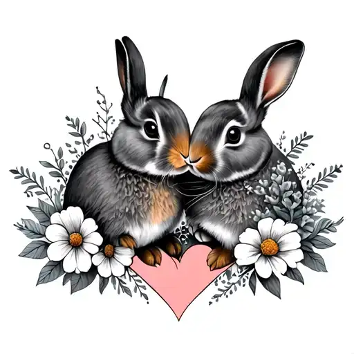 2 Bunnies In Flowers In The Heart