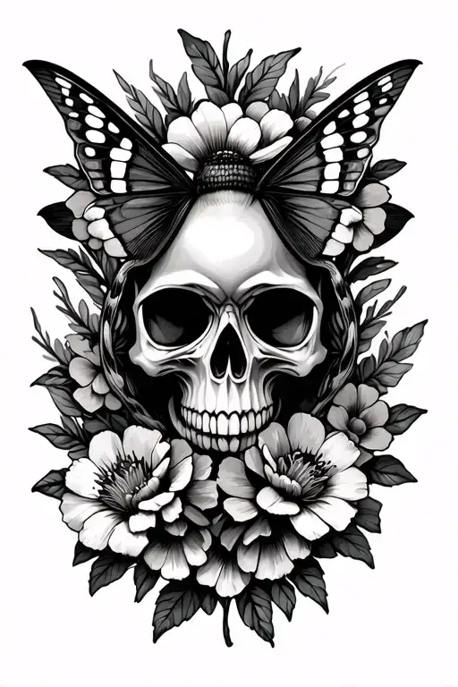 Moth Skull Inside With Flowers Around
