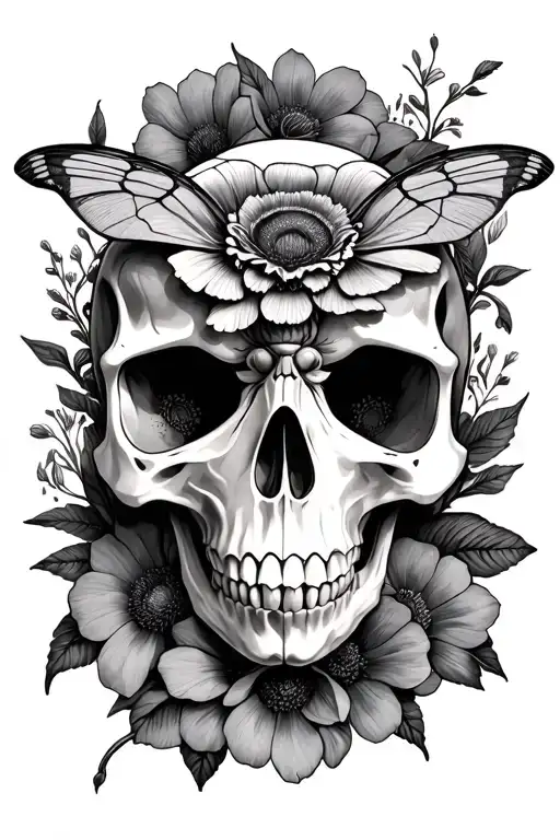 Moth Skull Inside With Flowers Around