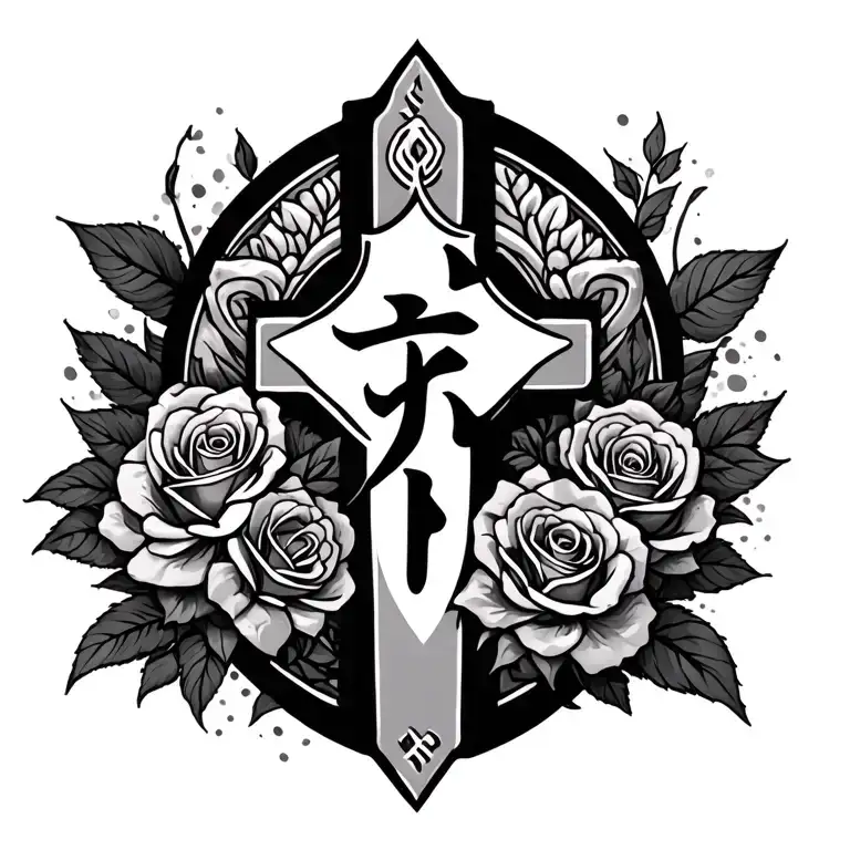 Cross And Roses And Japanese Letters
