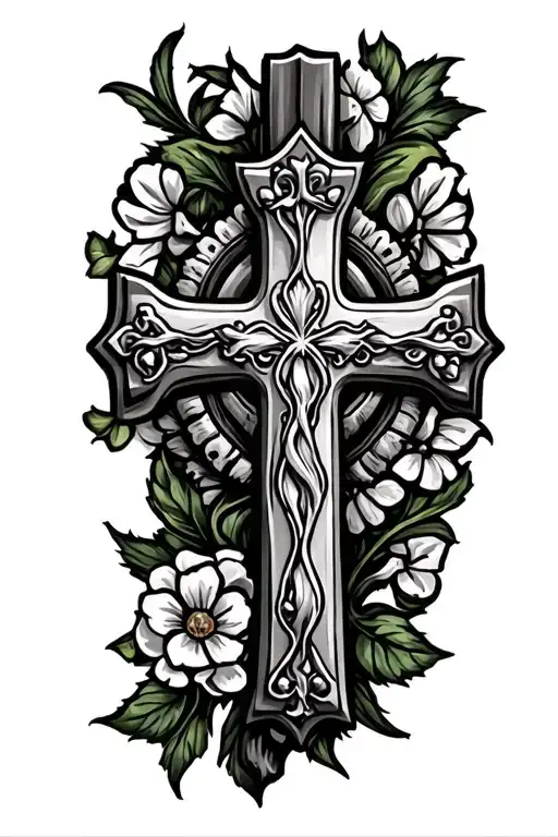 Cross Tattoo With Something That Symbolizes Irish And Italian Culture Around It