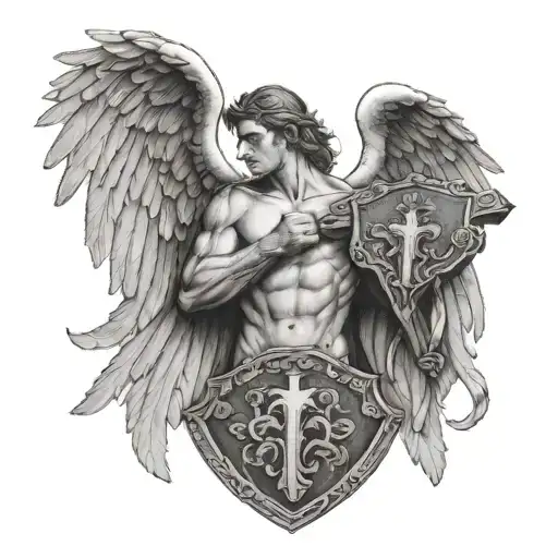 Male Angel Holding Up A Cross With A Shield In Hos Other Hand And Wings On His Back