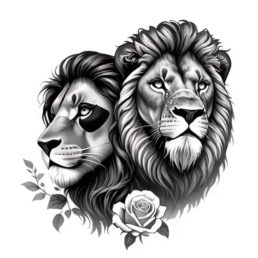 Male And Female Lion With Rose And An Eye