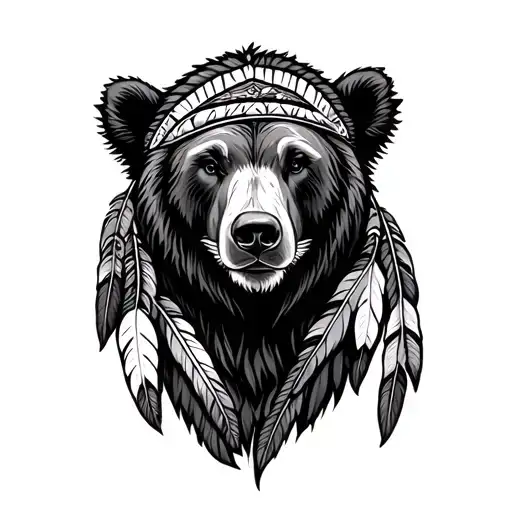 Bear With Indian Feathers In The Head