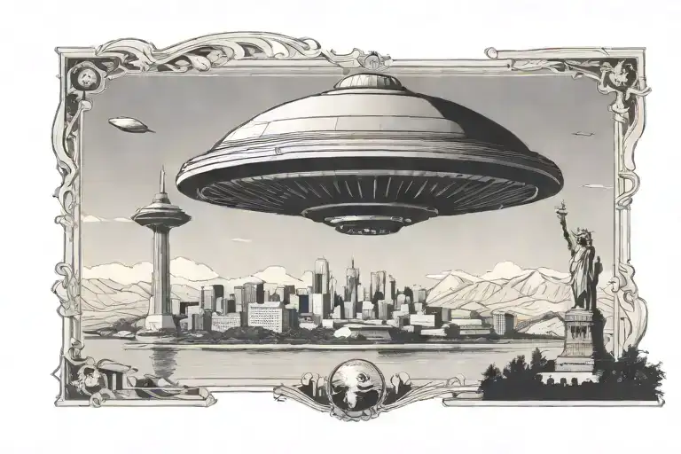 A Vintage Travel Postcard Design Featuring A Ufo Hovering Over Famous Landmarks