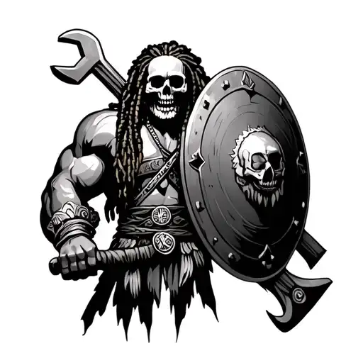 Skull Dreadlock Native Warrior Holding Wrench With Shield
