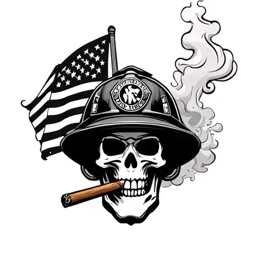 Skull Firefighter Helmet Smoking A Cigar Surrounded By Smoke And A Rustic Flag
