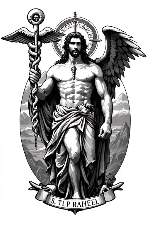 St Raphael Holding A Caduceus His Body Is Covered Mountain Range